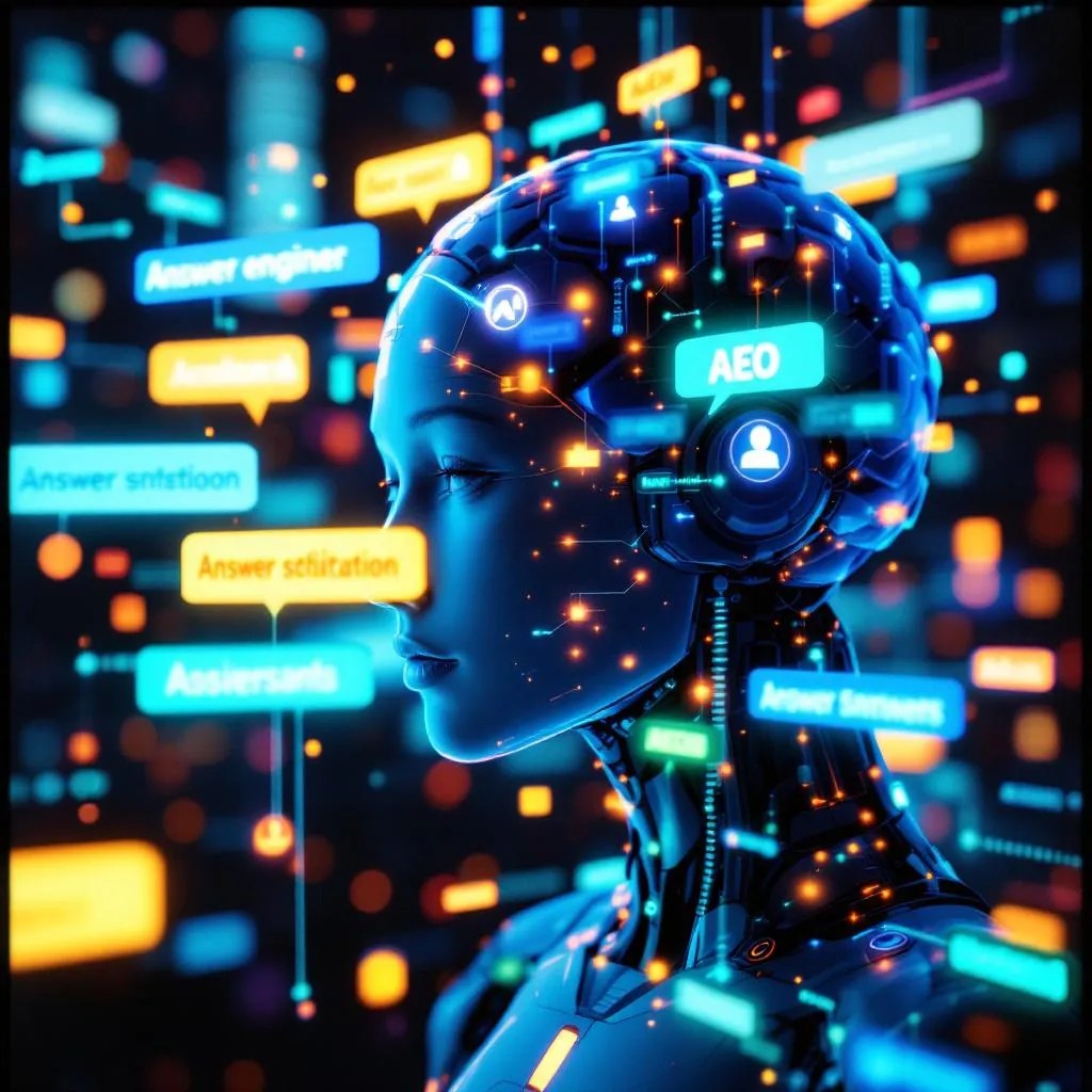 Visage humanoïde d'une IA futuriste entouré de mots-clés technologiques et de lignes lumineuses.